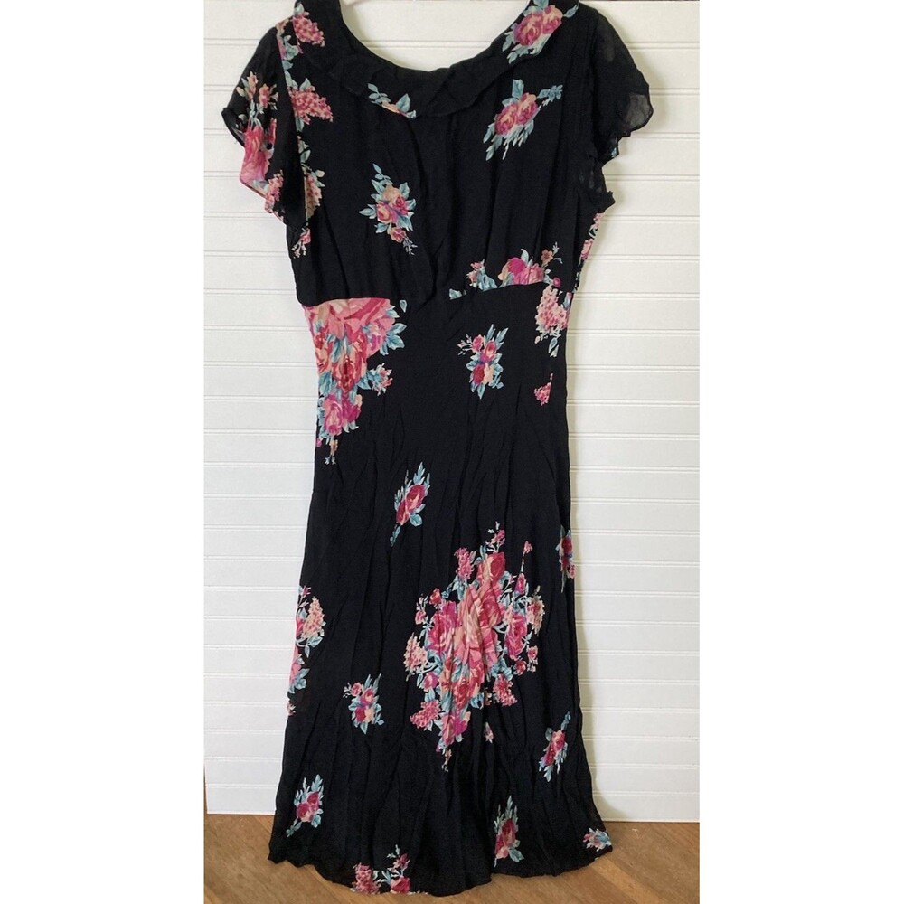 Vintage Lola P. Floral Beaded Maxi Dress XL Ruffle Bias Cut Black Romantic - Picture 10 of 13